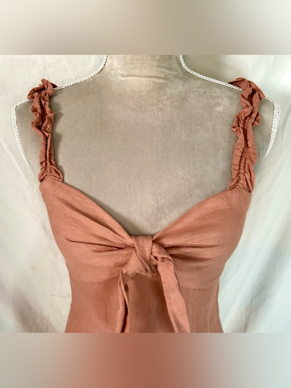 Zara Terracotta Ruffle Bow Linen/Cotton Blend Midi Dress, Size S - Picture 2 of 16